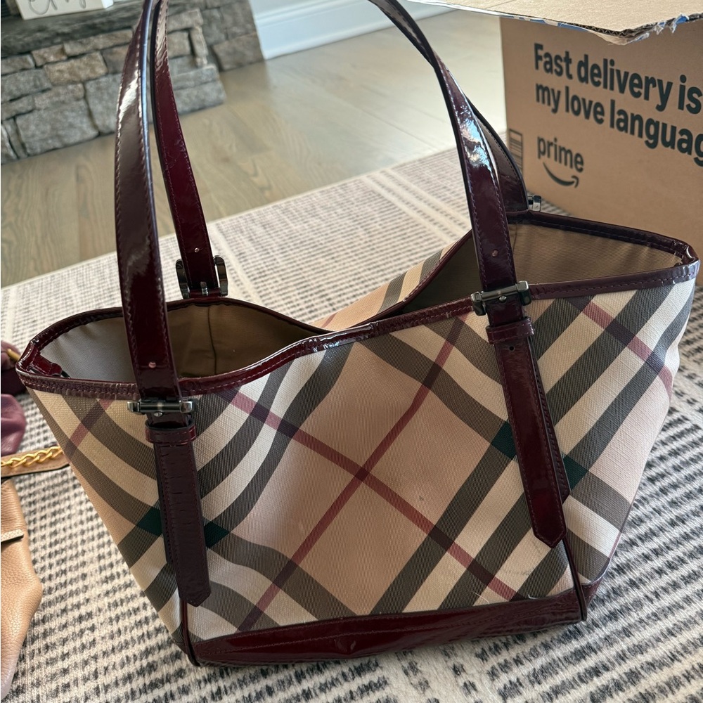 Burberry Checkered Tote with Deep Red Trim